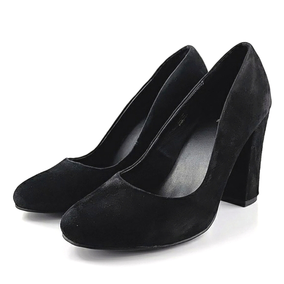 Le Chateau Flex Dressy Slip On Black Suede Pump Round Toe 4" Block  Heel Sz 38/8 - Picture 3 of 15